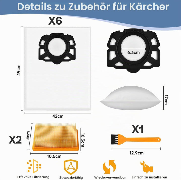 6 Staubsaugerbeutel mit 2 Filter für Kärcher WD6 WD5 WD4 WD5P WD6P MV4 MV5 MV6 Staubsauger KFI 487 u