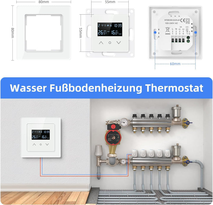 Samrt WiFi Themrmostat für Wasser-Fussbodenheizung, 55 x 55mm Standard, Glasfläche, Programmierbar R