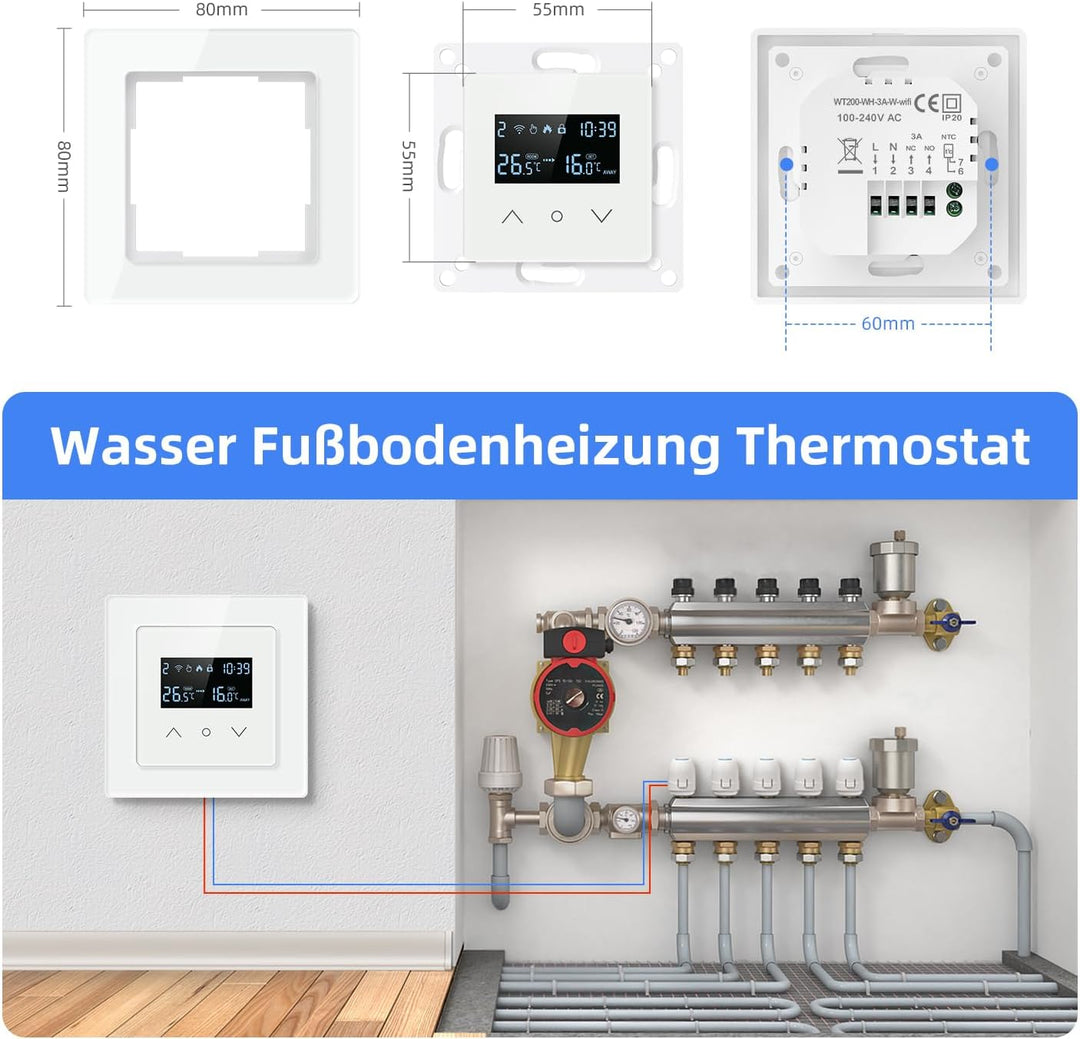 AVATTO Smart WiFi Wasser Fussbodenheizung Thermostate, System 55 Standard, Glasfläche, für Raumtempe