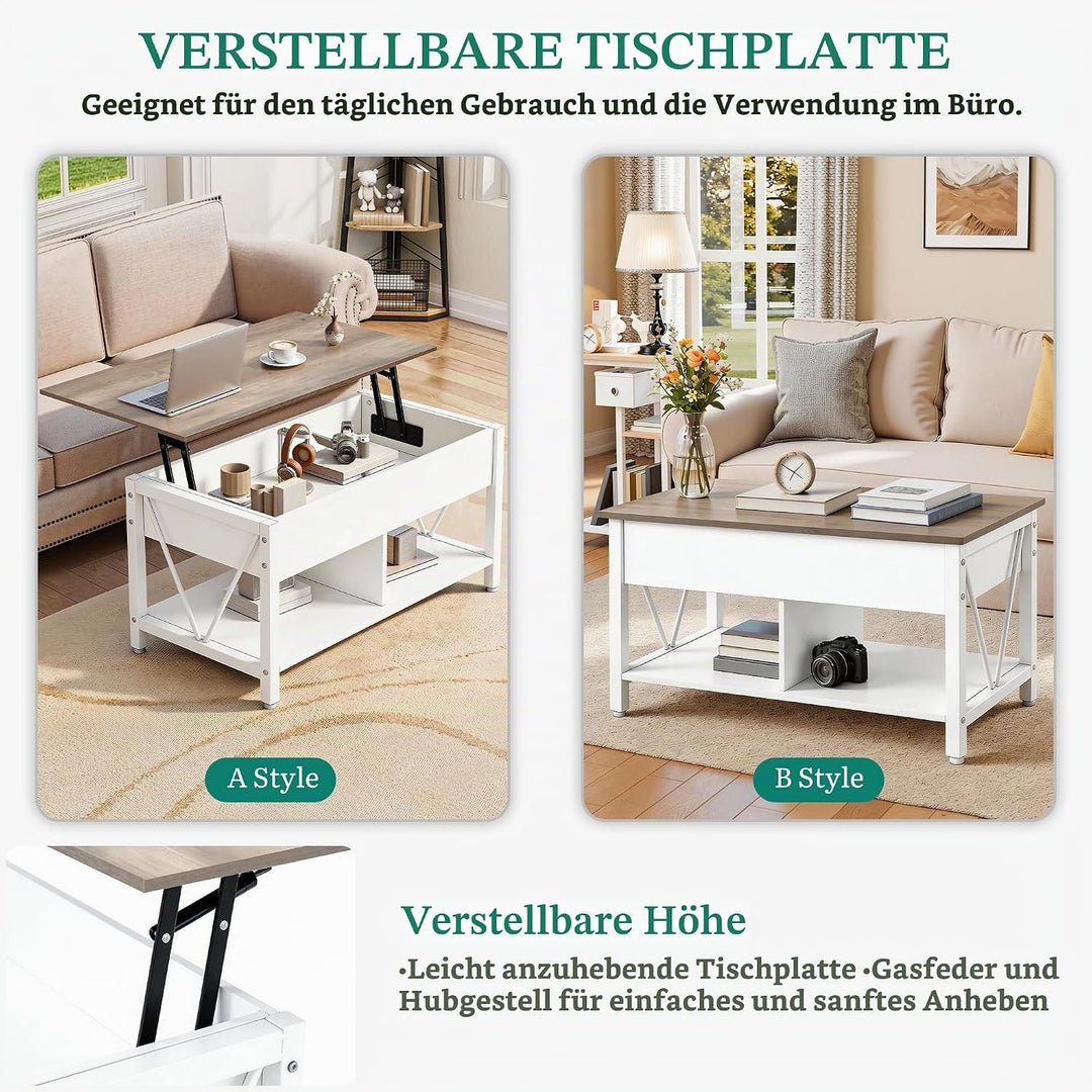 YITAHOME Couchtisch mit Anhebbarer Platte, Leicht Anzuheben, 2-Stufiger Stauraum, Höhenverstellbarer