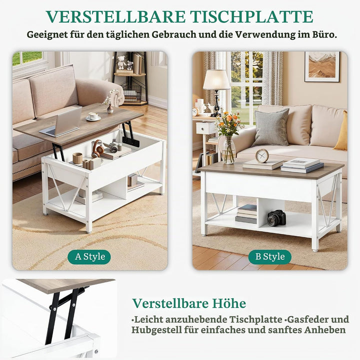 YITAHOME Couchtisch mit Anhebbarer Platte, Leicht Anzuheben, 2-Stufiger Stauraum, Höhenverstellbarer