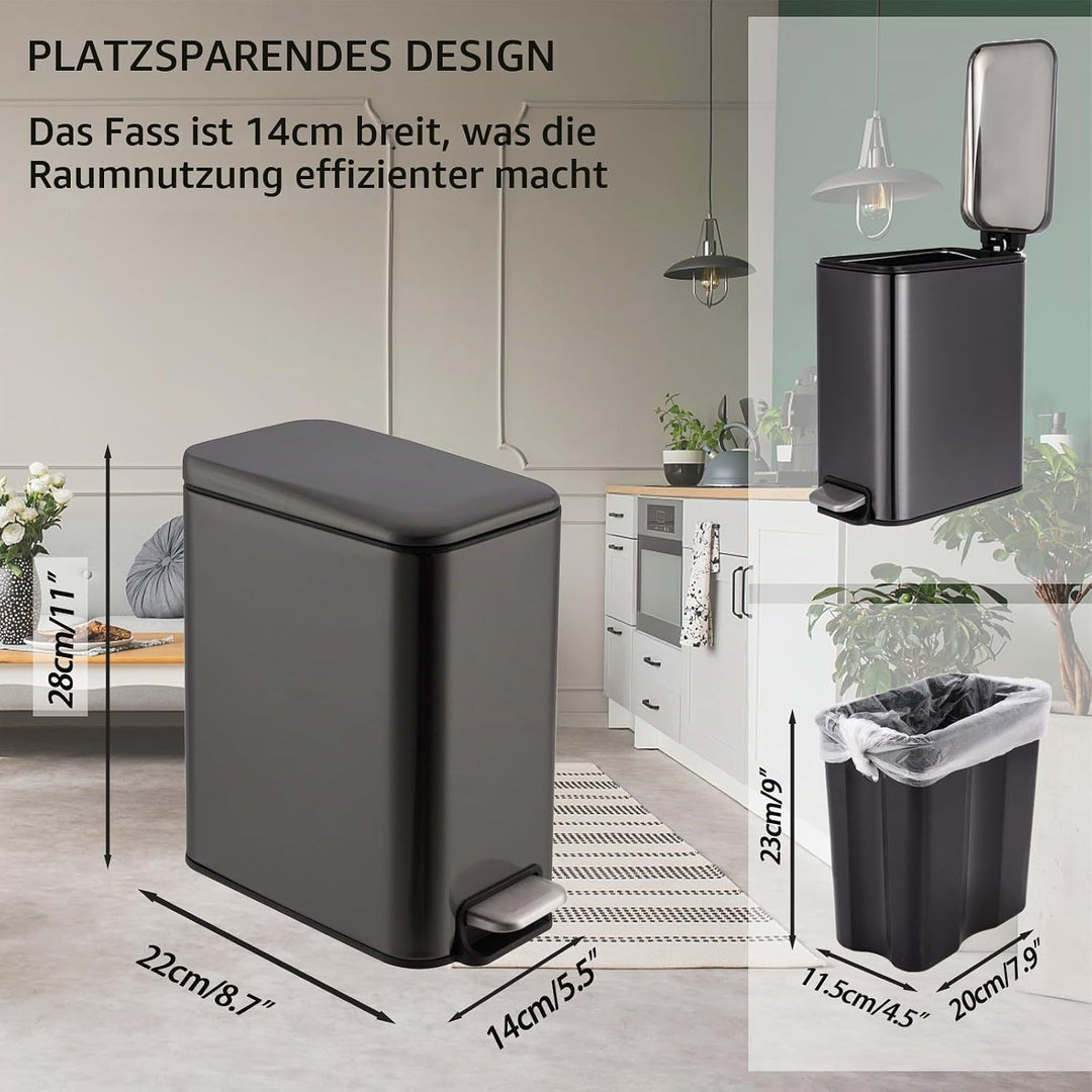 Rechteckiger 5-Liter-Tretmülleimer mit flachem Deckel und Toilettenbürstengarnitur, Kosmetikeimer mi