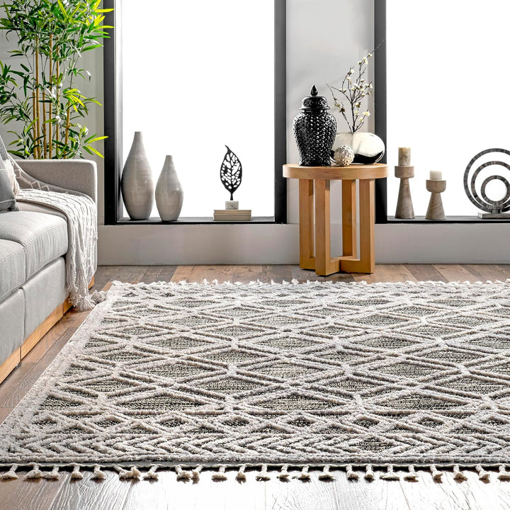 nuLOOM Ansley Teppich mit marokkanischen Gitterquasten, 7,6 x 12,7 cm, Grau 3' x 5' Ansley Grey, 3'