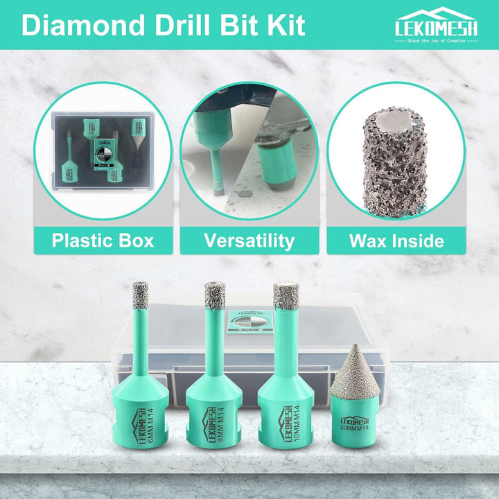 Diamant Bohrkrone Kit - 4 Stück (6/8/10mm+20mm Diamant Fasenfräser) LEKOMESH Diamant Lochsäge mit Pl