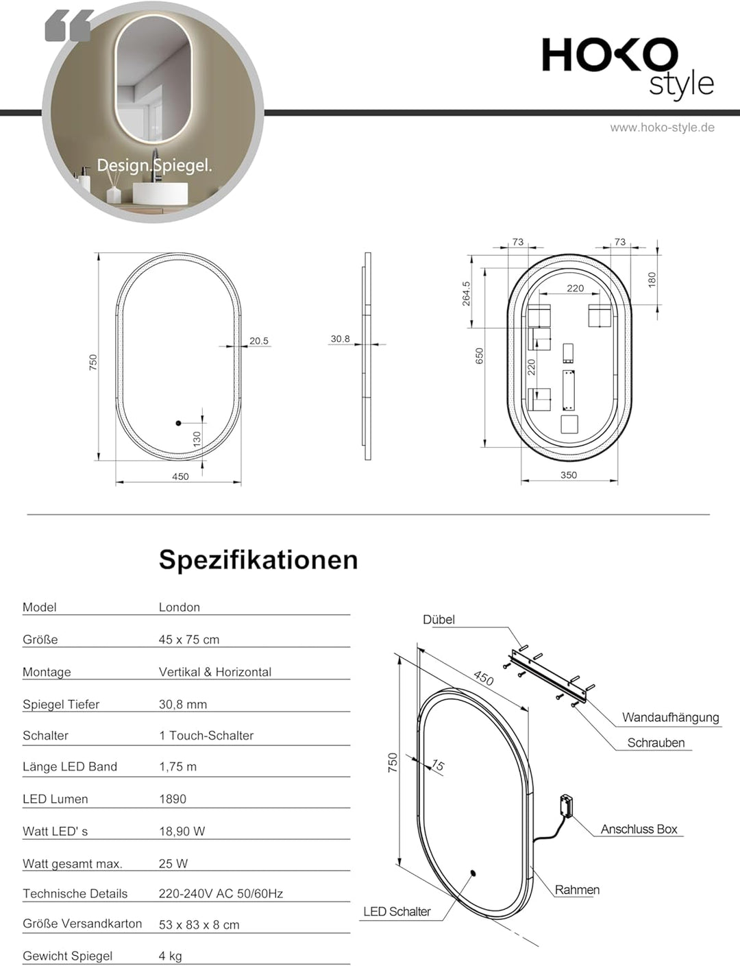 HOKO Wandspiegel oval 45x75 cm / 75x45 cm Alicante mit Energiesparend LED Beleuchtung und Metall Rah