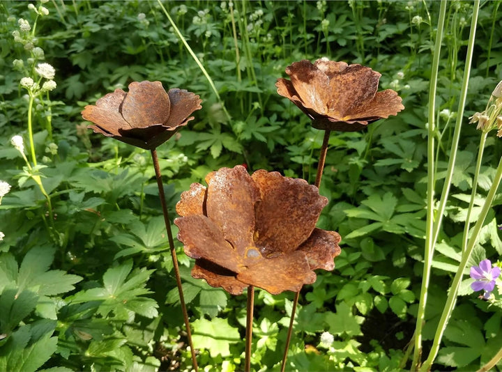 3er Set Rost Gartenstecker Mohn offen 74 cm hoch