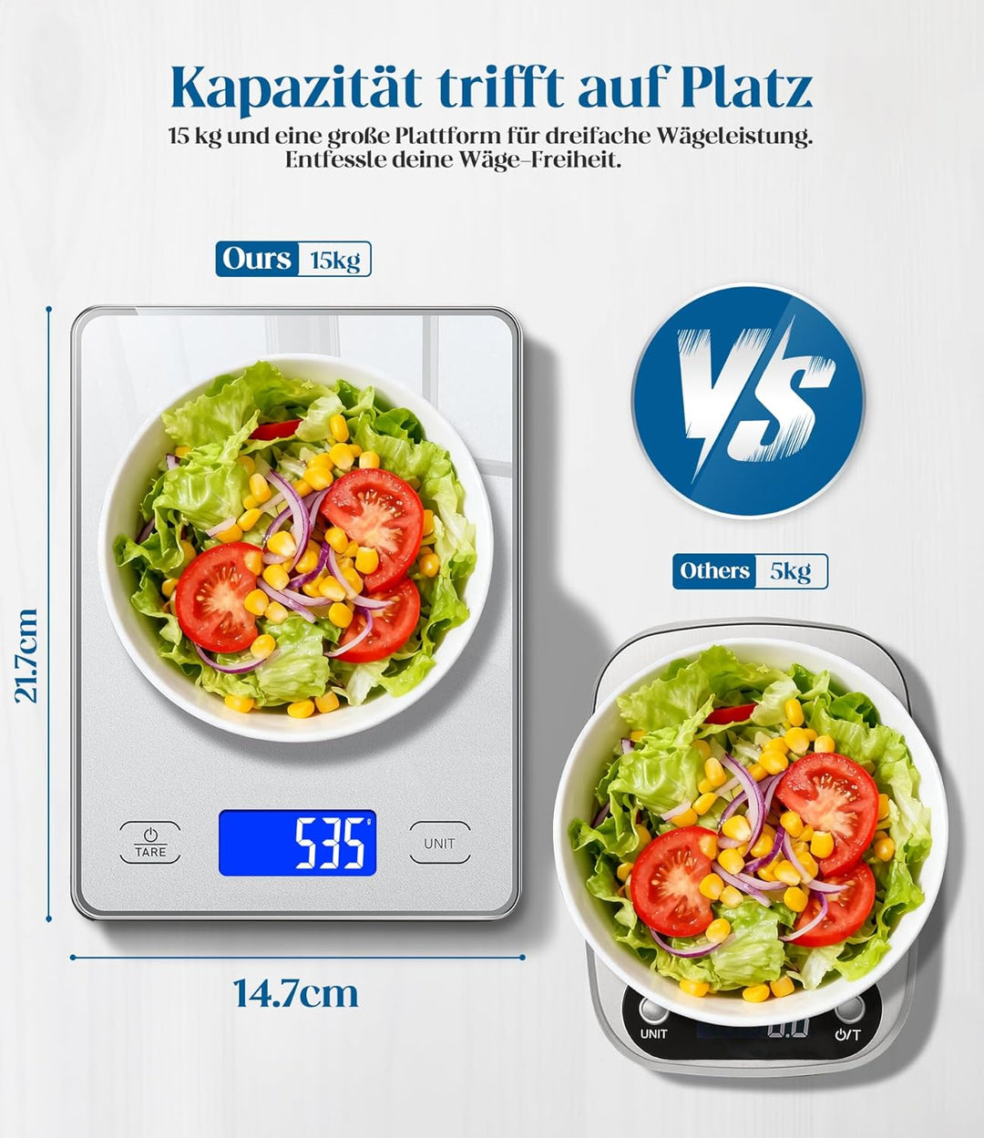 Küchenwaage Digital mit 15 kg Tragkraft, 5 Einheiten in g/ml/fl'oz, Präzise Waage Küche mit Grossem