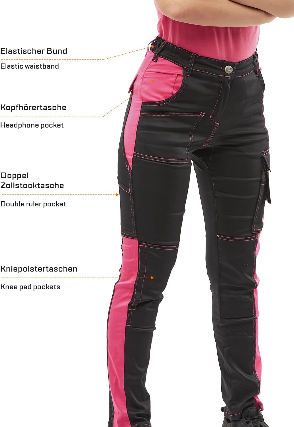 strongAnt Damen Arbeitshose komplett Stretch für Frauen Bundhose mit Kniepolstertaschen Schwarz Grau