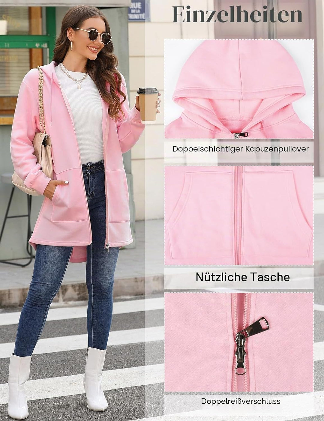 Tuopuda Damen Hoodie Jacke Oversize Reissverschluss Winterjacke Langarm Mantel Winter Warm Cardigan
