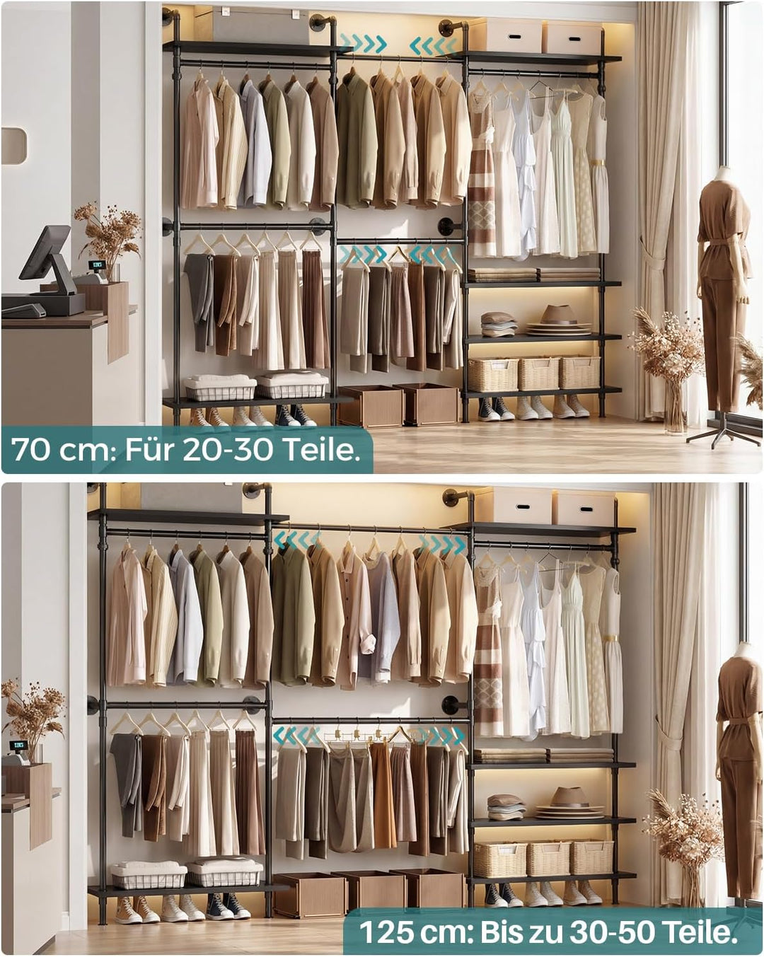 iSunirm Kleiderschrank System Offen – Teleskop Kleiderstange Schwerlast, Begehbarer Kleiderschrank,