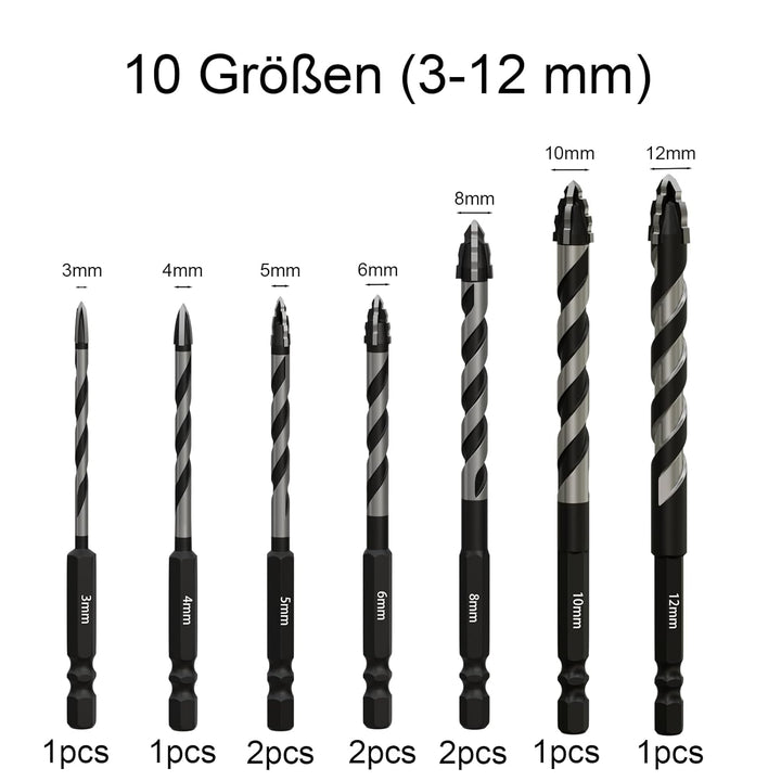 Fliesenbohrer Set 10 tlg 3-12mm, Glasbohrer Set, power bit bohrer, Fliesenbohrer für Fliesen, Kerami