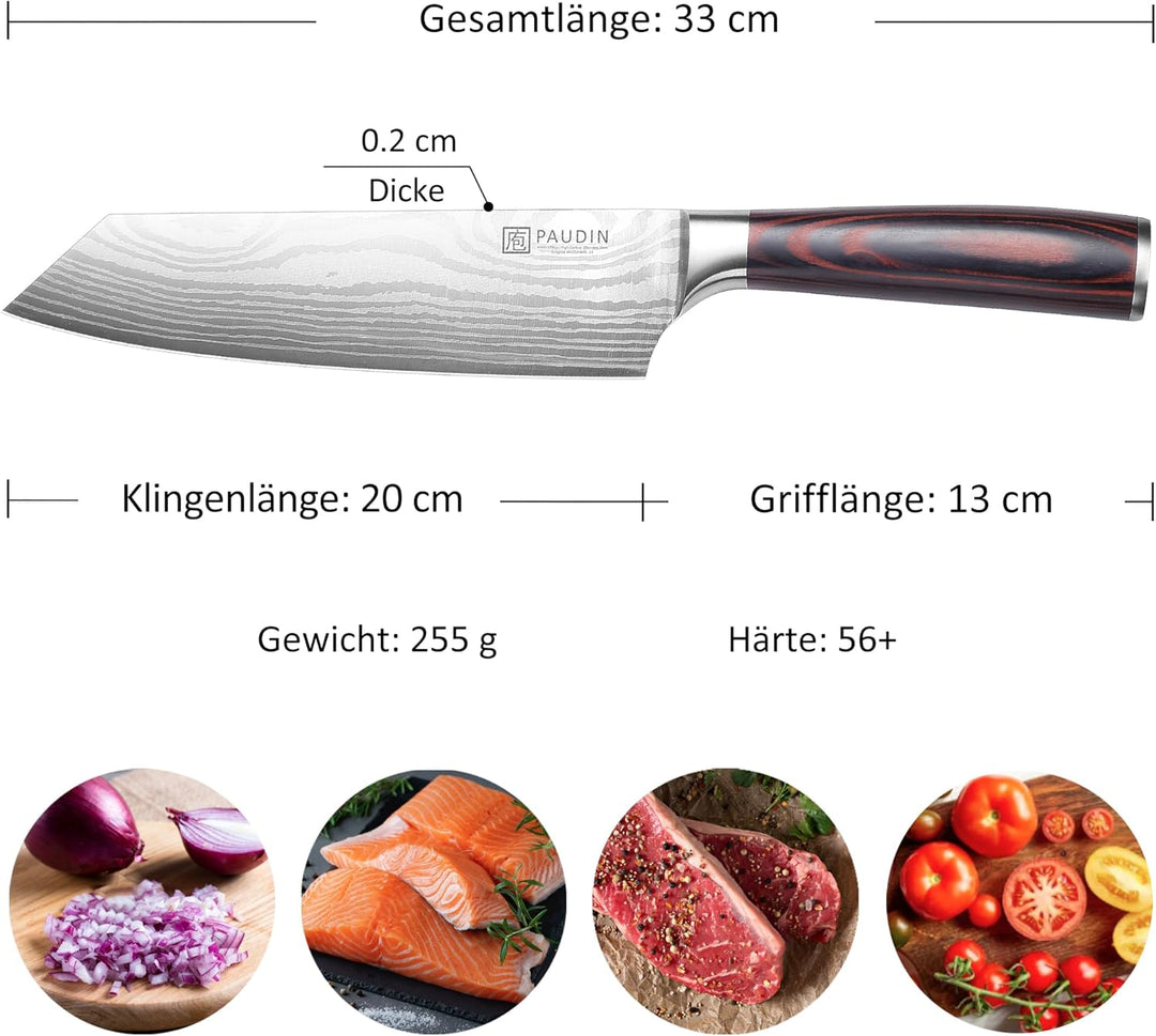 PAUDIN Santokumesser 20 cm, Japanisches Kochmesser Kiritsuke, Scharfes Küchenmesser aus Hochkohlenst