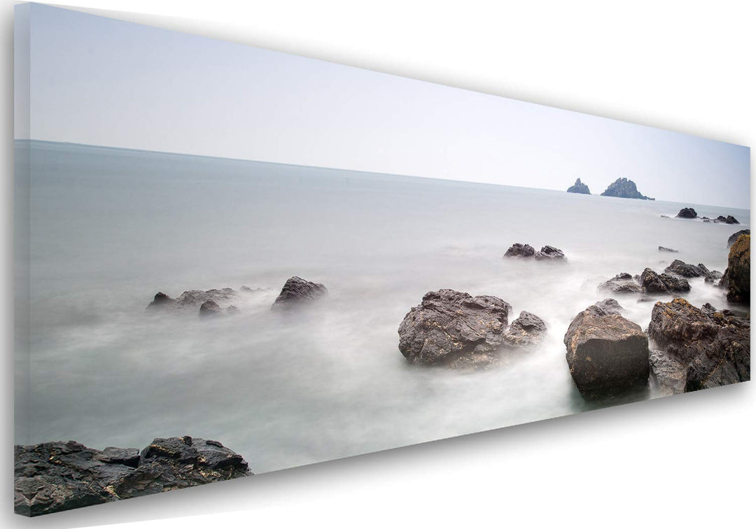 Feeby Frames, Leinwandbild, Bilder, Wand Bild, Wandbilder, Kunstdruck 50x150cm, FELSEN, WASSER, NEBE