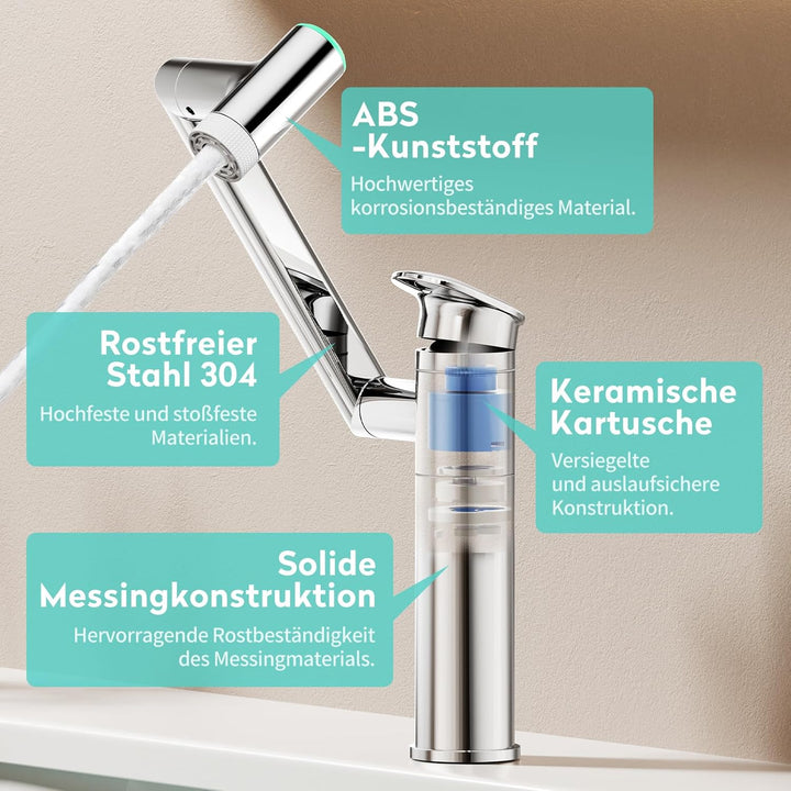 KAIYING 1080° Drehbare Waschtischarmatur, Höhenverstellbare Waschtischarmaturen, Wasserhahn Badezimm