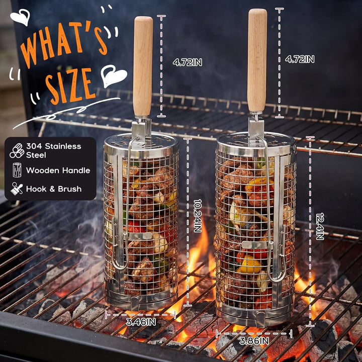Rollender Grillkorb 2er Set,Nestbar Rollgrillkorb Abnehmbarem Holzgriff Doppelte Öffnung Edelstahl 3