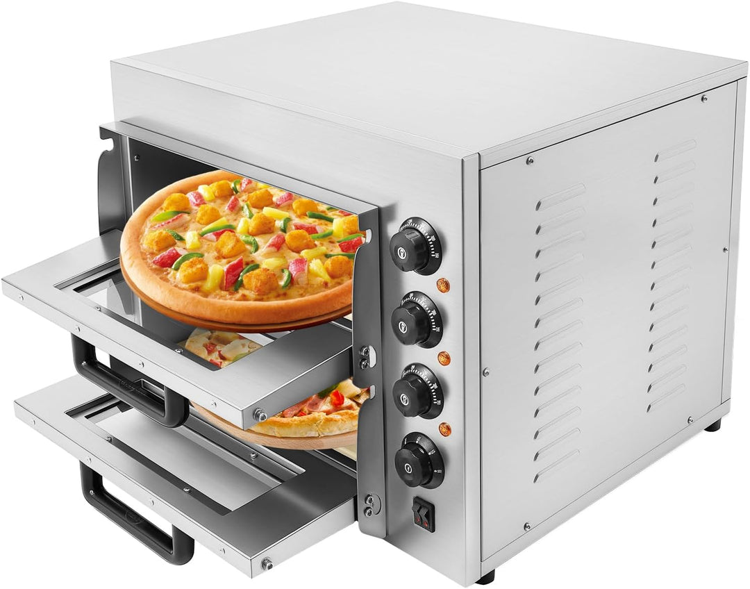 Doppel Pizzaöfen elektrisch, 3000W 2 Kammern Pizzaofen aus Edelstahl, Kommerzieller Pizzabackofen mi