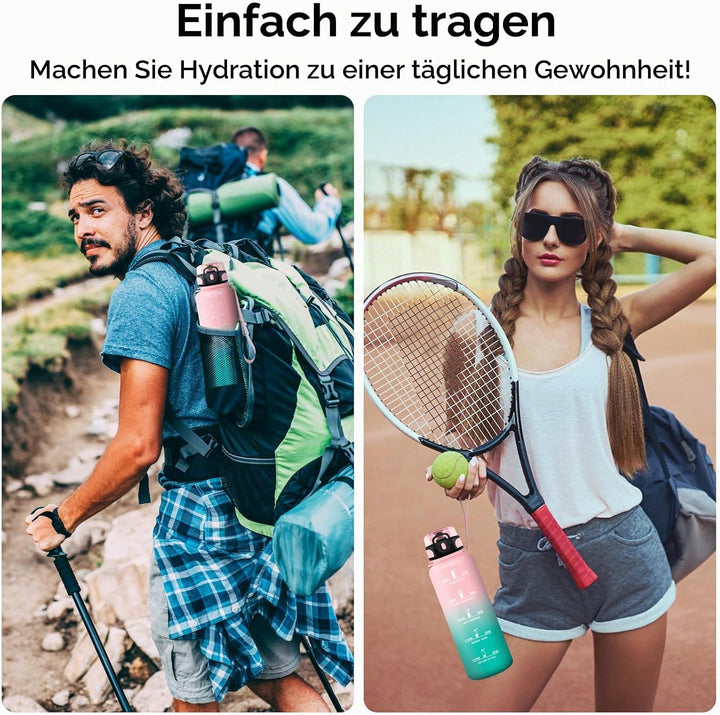 KollyKolla Trinkflasche Kohlensäure Geeignet, 500ml/1L/1.5L, Sport Trinkflasche mit Zeitmarkierung,