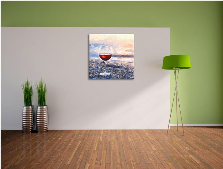 Pixxprint Weinglas am Steinstrand Pinsel Effekt, Format: 70x70 auf Leinwand, 70x70