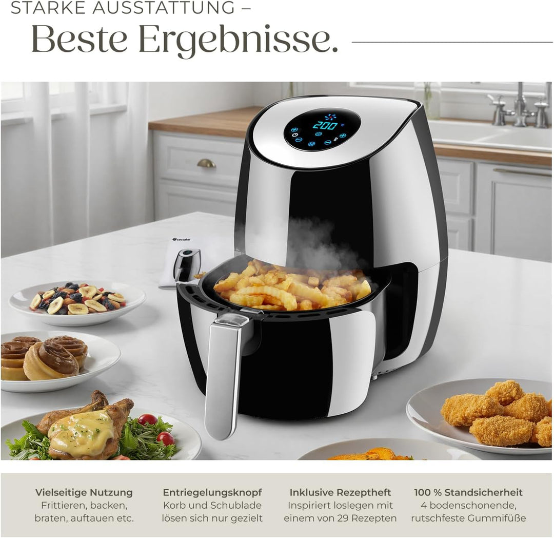tectake® Heissluftfritteuse, Airfryer, 3,6 l Fassungsvermögen, Touchscreen-Display, 7 Programme, Air