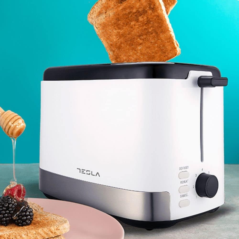 Tesla TS300BWX Toaster, 800 W, Aufwärm- und Auftaufunktion, 7 Geschwindigkeiten, 2 Scheiben, Weiss