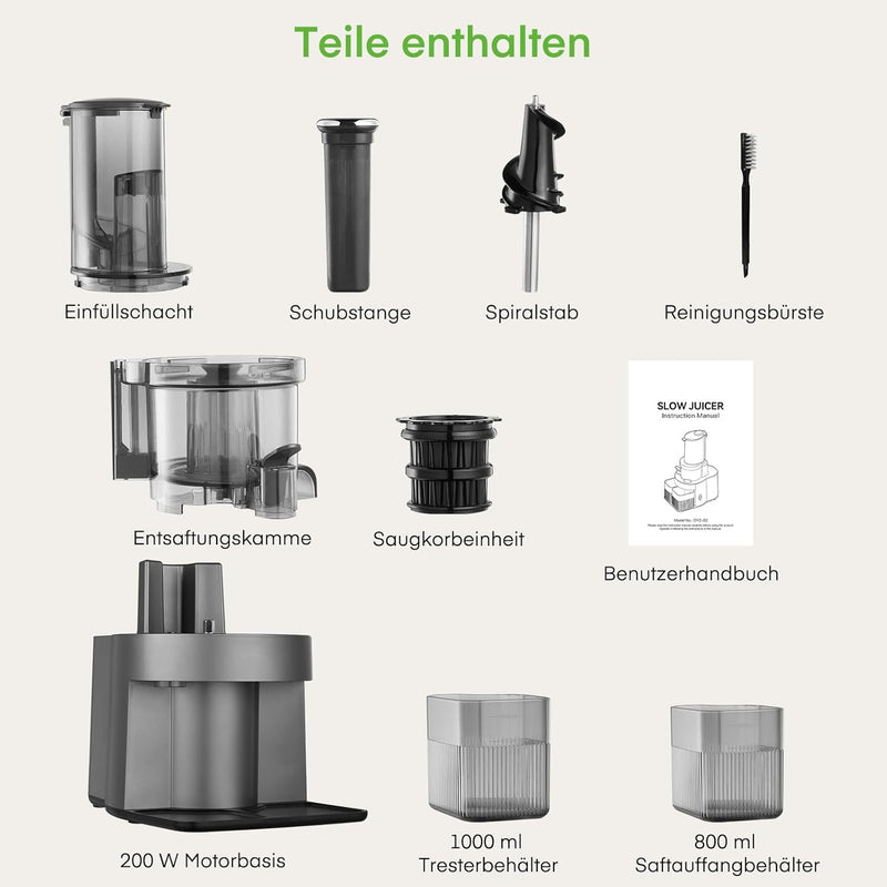 FOHERE Slow Juicer Entsafter Gemüse und Obst 119MM Öffnun Elektrische Kaltpresse mit Ruhigem 200 Wat