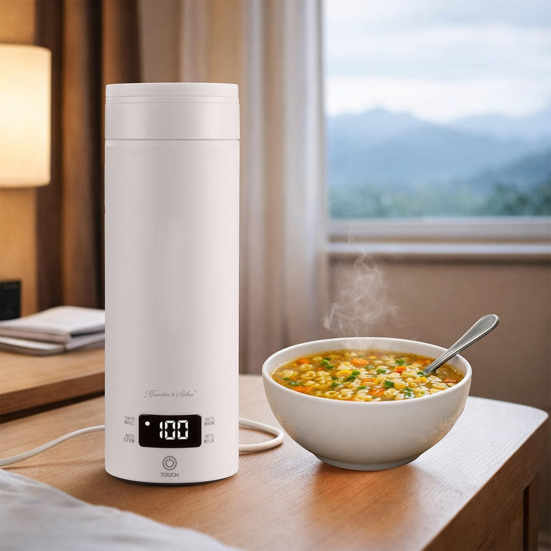 Rosenstein & Söhne Edelstahl Wasserkocher: Reise-Wasserkocher & Isolierkanne, 300 W, 500 ml, 4 Tempe