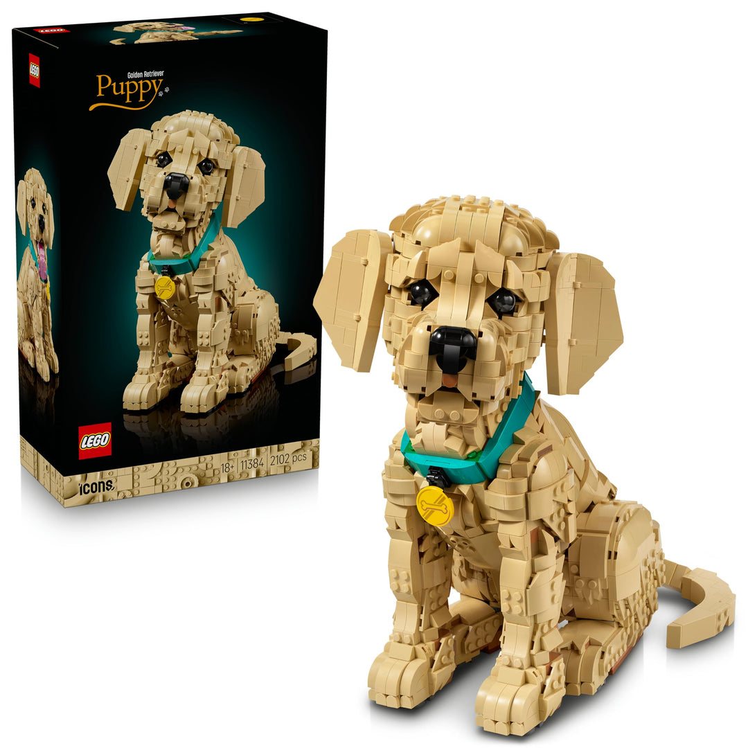 LEGO Icons Golden Retriever Welpe - Modellbau für Erwachsene - 3D Tierfigur zum Ausstellen mit Halsb