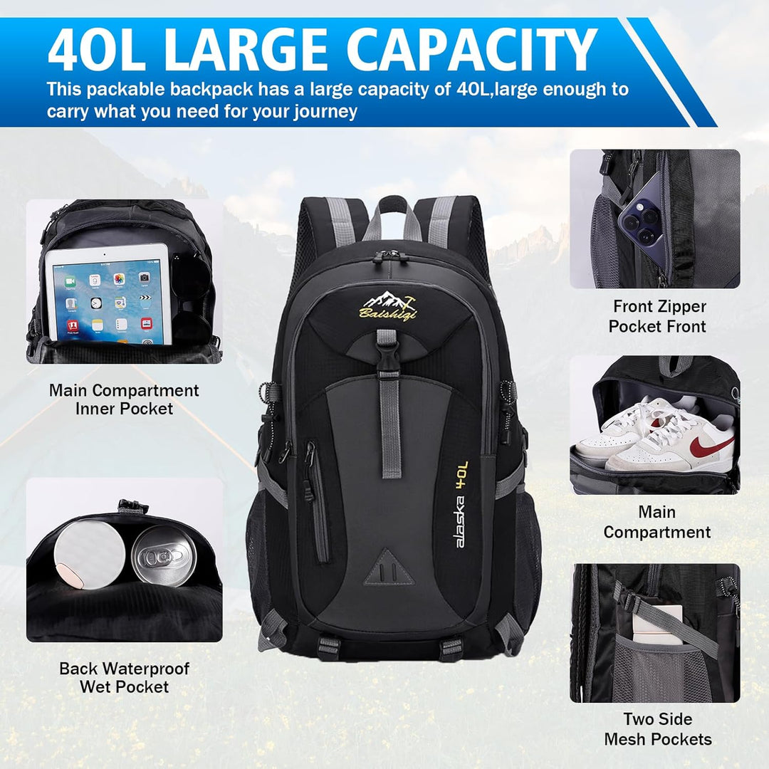 Zorplex Leicht Wanderrucksack, 40L Packable Wasserdichter Rucksack mit atmungsaktivem 3D Air Mesh Po