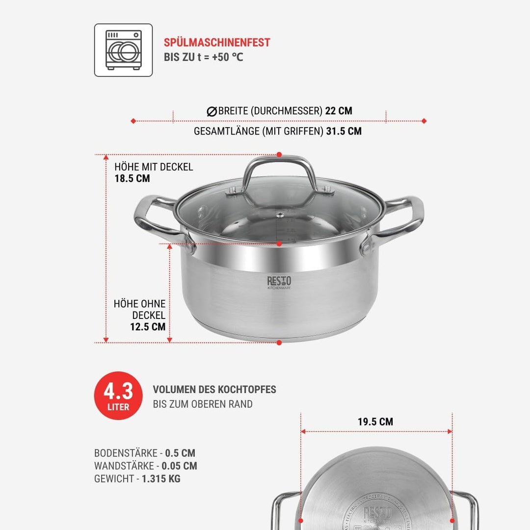 RESTO Edelstahltopf 22cm - Suppentopf, Universaltopf 3,5l - Schmortopf mit Deckel - Topf für alle He