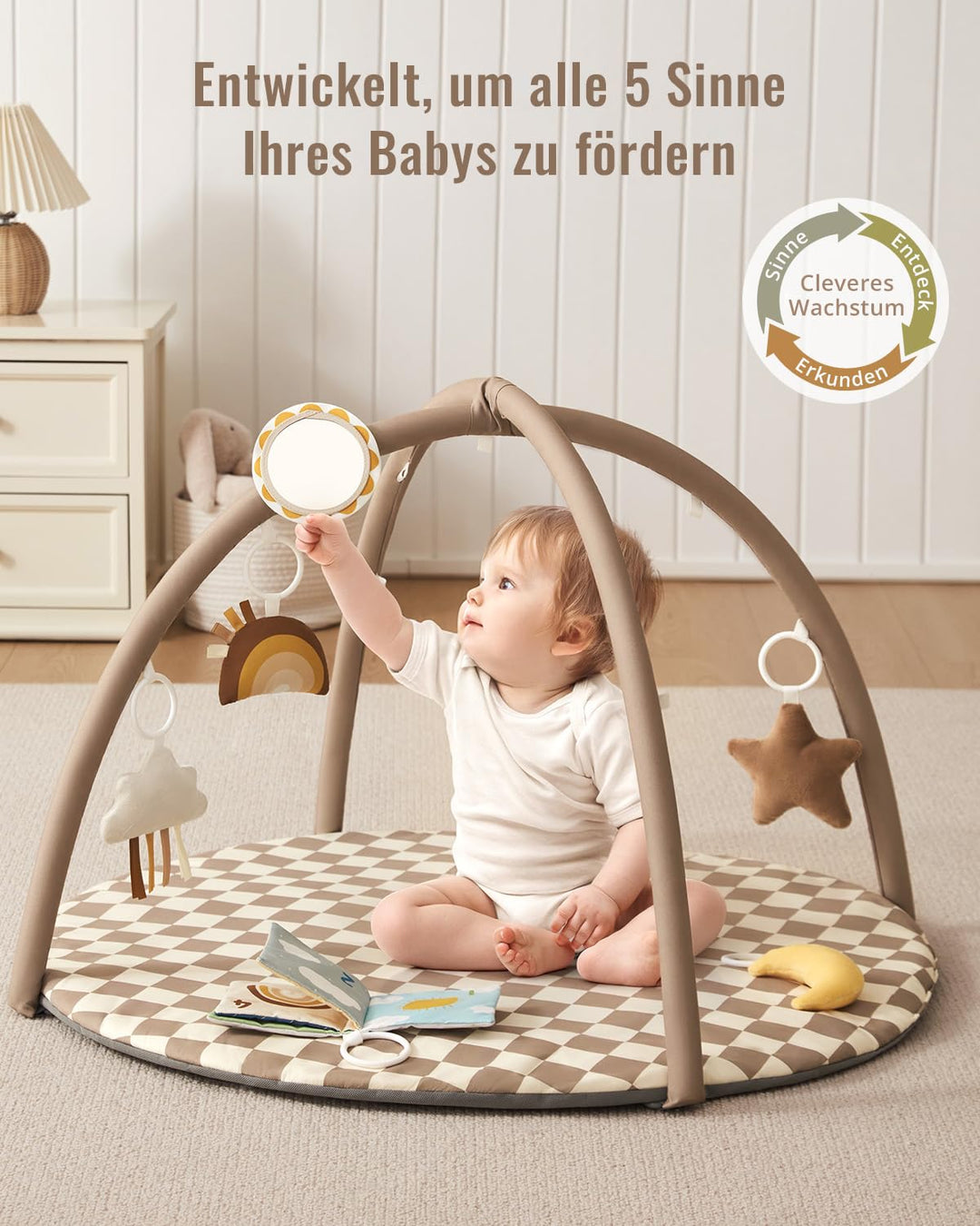 Blissful Diary Spielbogen Baby, Spieldecke Baby Gym Activity Decke mit 6 Abnehmbare Spielzeuge, krab