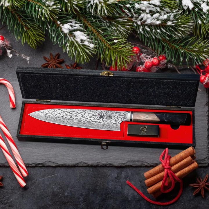 MITSUMOTO SAKARI 22 cm Japanisches Messer, AUS-10 Damaststahl Küchenmesser, Professionelles Handgesc