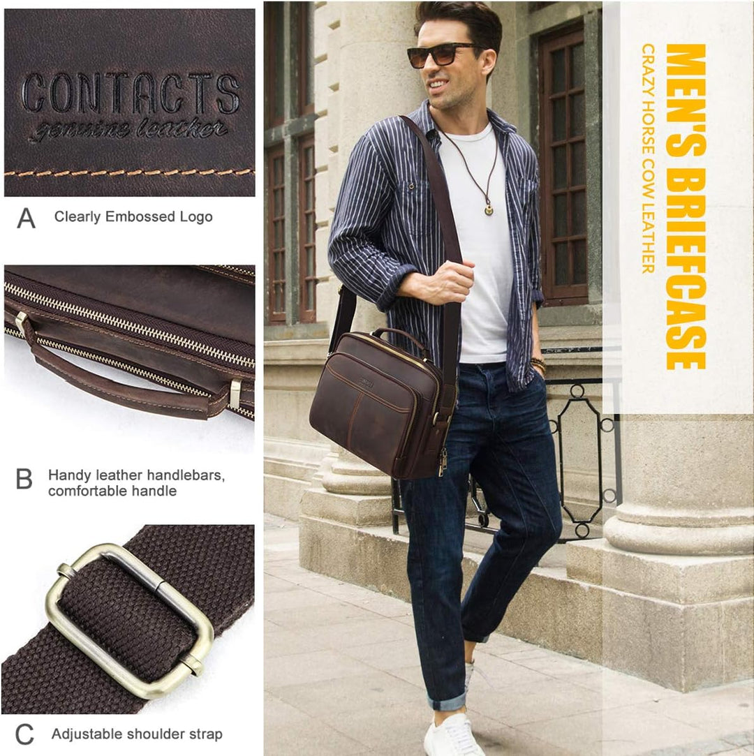 Contacts Echtes Leder Herren 9.7" Laptop Tab Messenger Bag Mini Crossbody Tasche Handtasche Kaffee