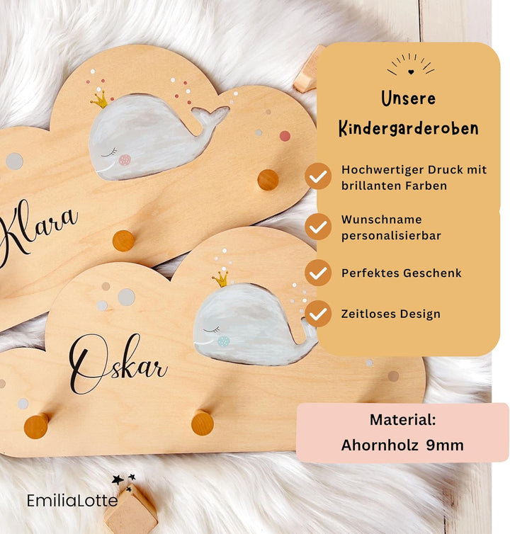 EmiliaLotte Kindergarderobe Personalisiert mit Wunschname I Garderobe Kinder aus Holz - Verschiedene