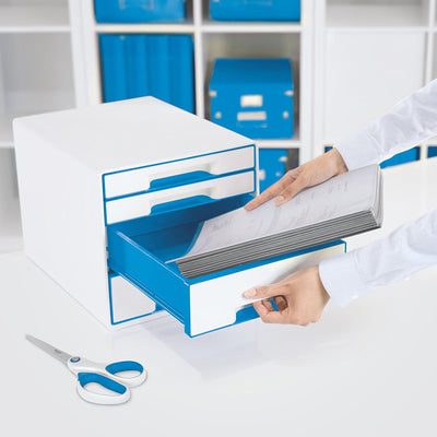 Leitz CUBE Schubladenbox mit 4 Schubladen, Weiss/Blau, A4, Inkl. transparentem Schubladeneinsatz, WO