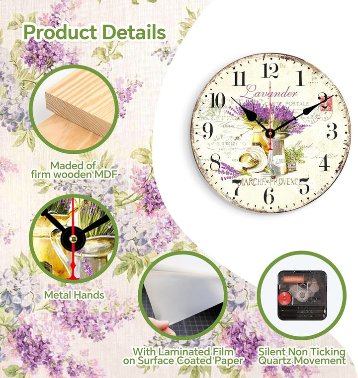 TAHEAT 20 cm Lavander Wanduhr, Klein Schöne Vintage Küche Uhr, Ohne Tickgeräusche Landhausstil Wandu
