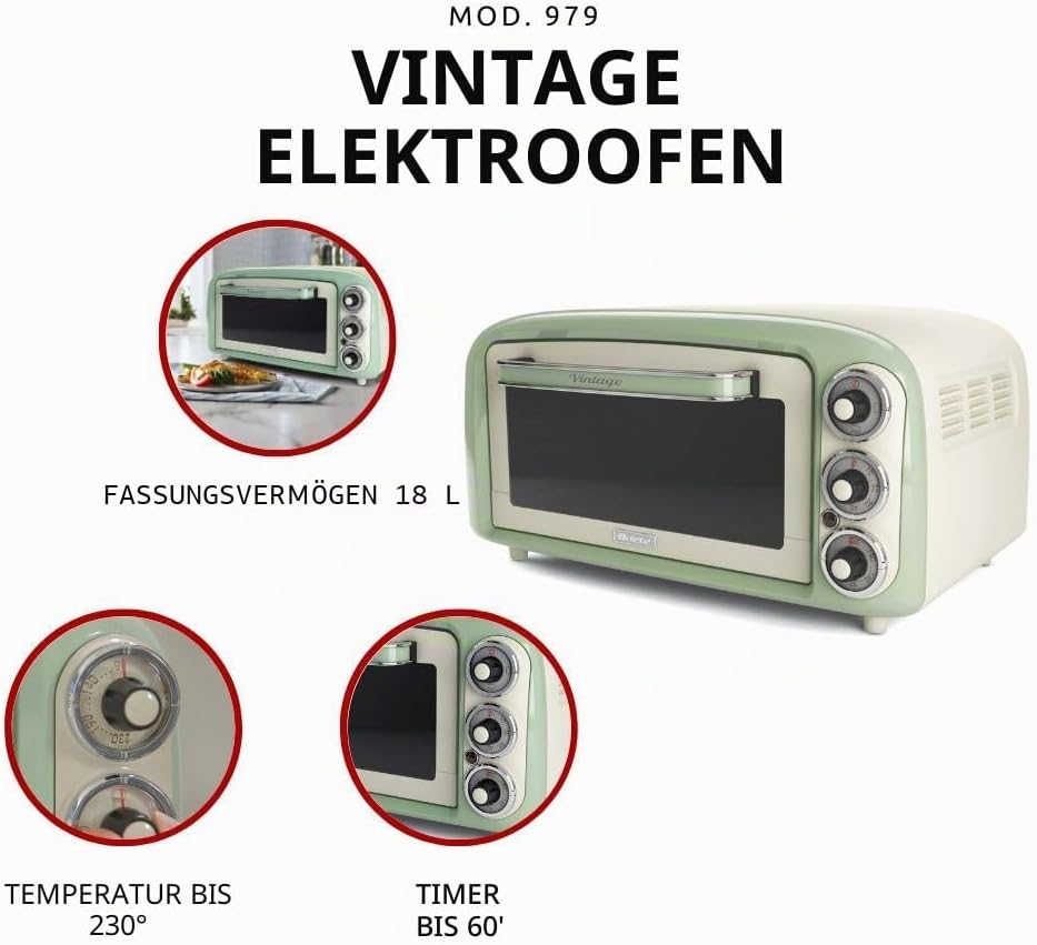 Ariete Vintage-Ofen 979, Retro Elektrobackofen mit 3 Backpositionen, 30 cm Pizzaofen, Max temp. 230°