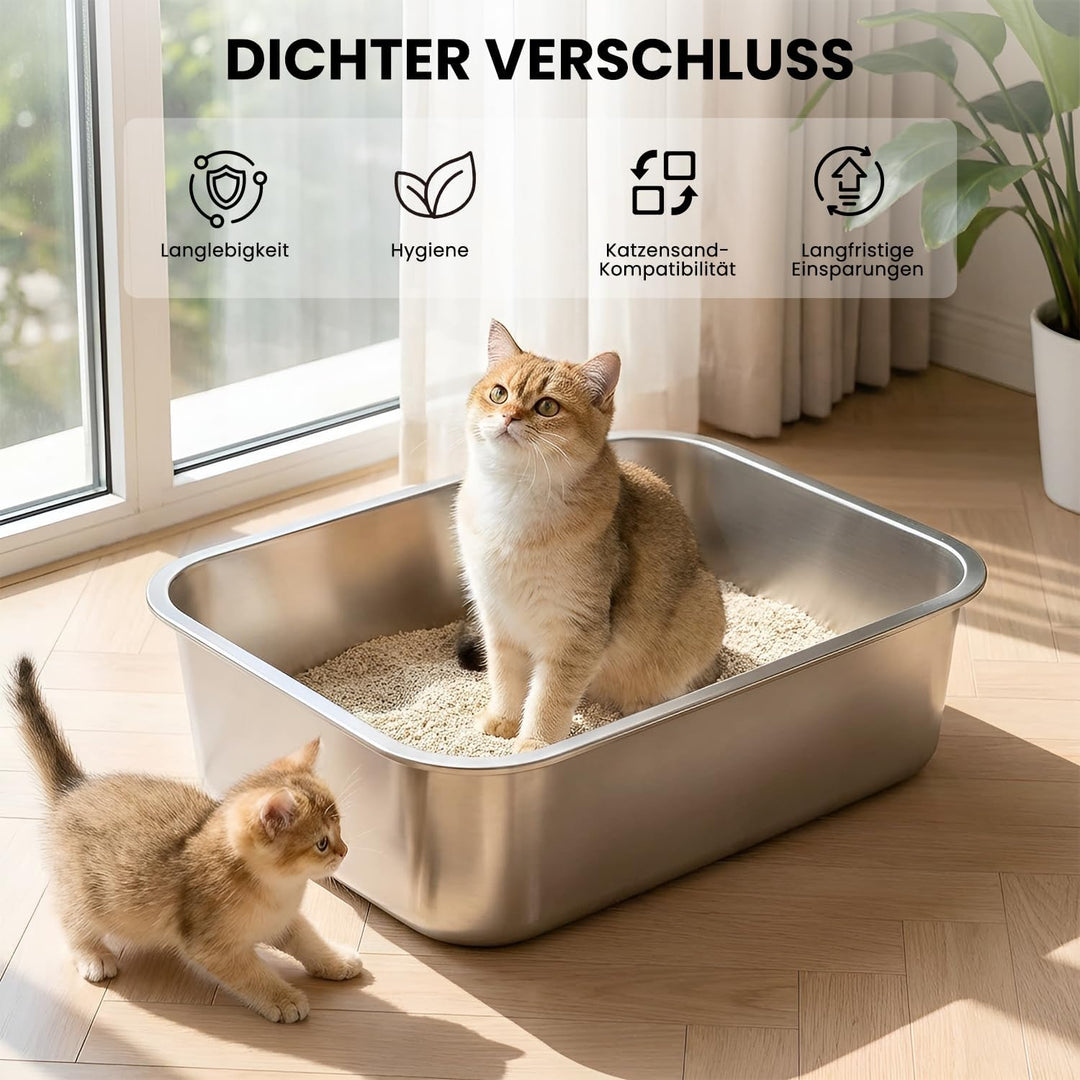 Premium Katzenklo Edelstahl, Gross Metall Katzentoilette mit Hohen Rand, Rostfrei, Antihaftbeschicht