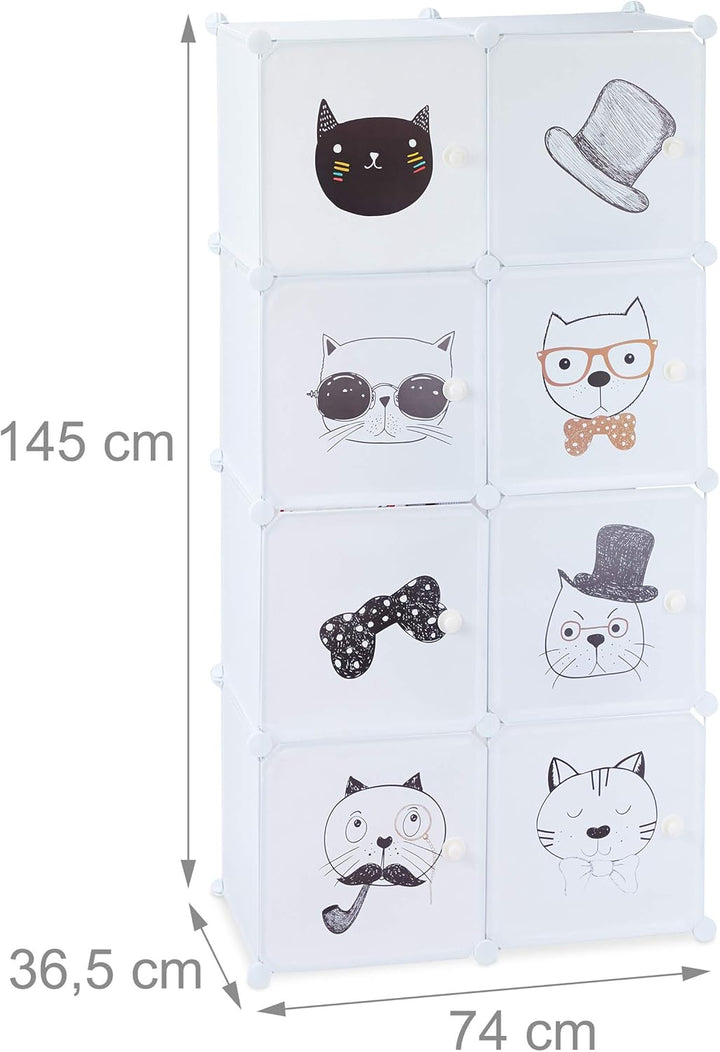 Relaxdays Steckregal Kinderzimmer, Katzen Motiv, 7 Fächer, Kleiderstange, Kleiderschrank HxBxT: 145