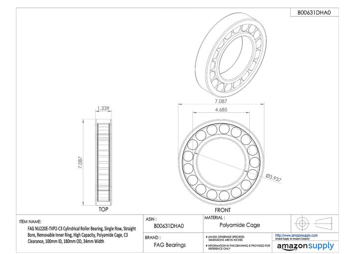 FAG nu220e-tvp2-c3 Zylindrische Roller Bearing, einreihig, gerade Bohrung, abnehmbarer Ring innen, H