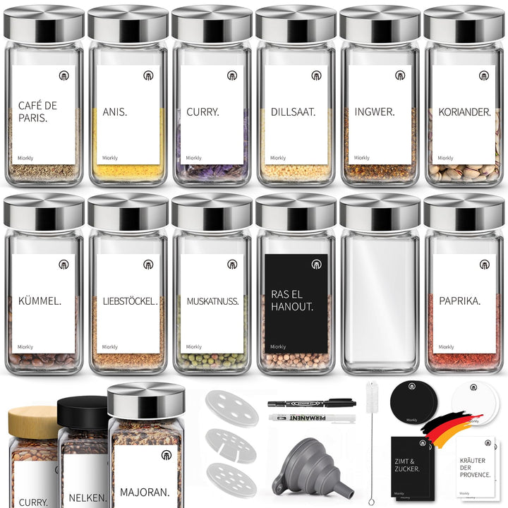 Miorkly Gewürzgläser Eckig Mit Streueinsatz - 12 Stück 120ml Gewürzdosen Mit Edelstahl Deckel, Streu
