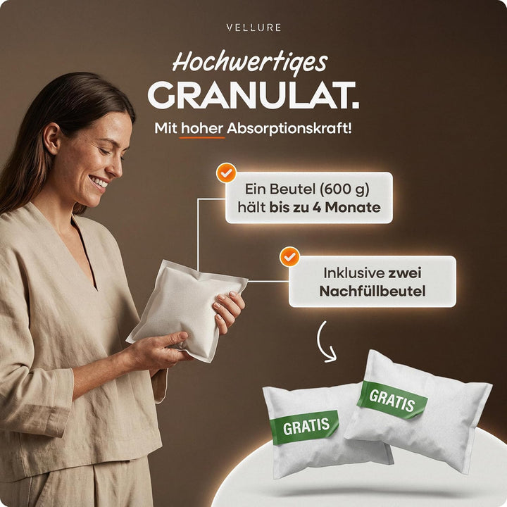 Vellure® Design Luftentfeuchter ohne Strom + 2x 600g Nachfüllpacks - Raumentfeuchter für Bad, Keller