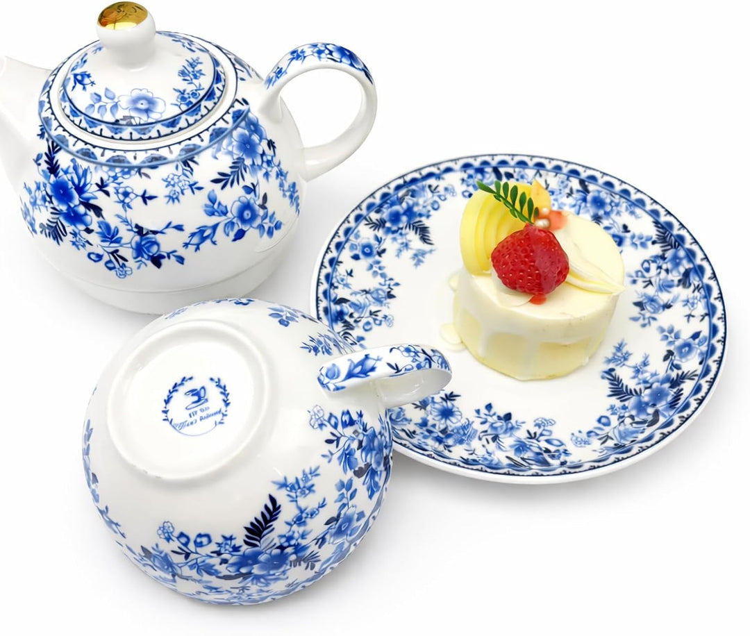 Porcelain Tea for One Set Beautiful Flower Ceramic Teapot with Cup Gifted Box (Blue and White), Blue