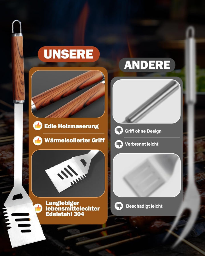 Grillbesteck Set, 3-teilig Edelstahl Grill Zubehör mit Tragetasche, Umfassendes Grillbesteck für das