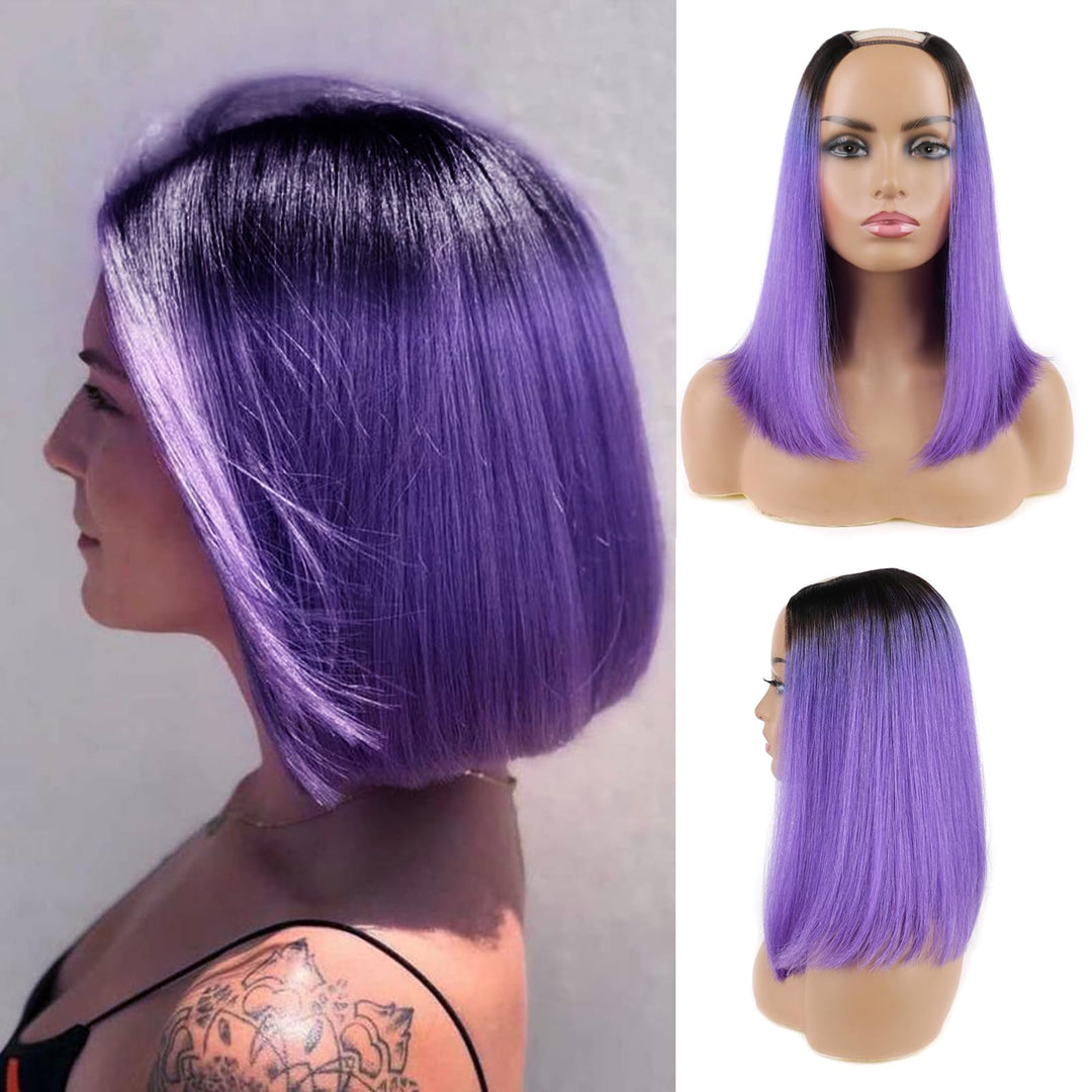 Huarisi 1b/Purple Bob Perücke Echthaar Kurz U Teil 14 Zoll, Grade 8a Straight Human Hair Purple Wig