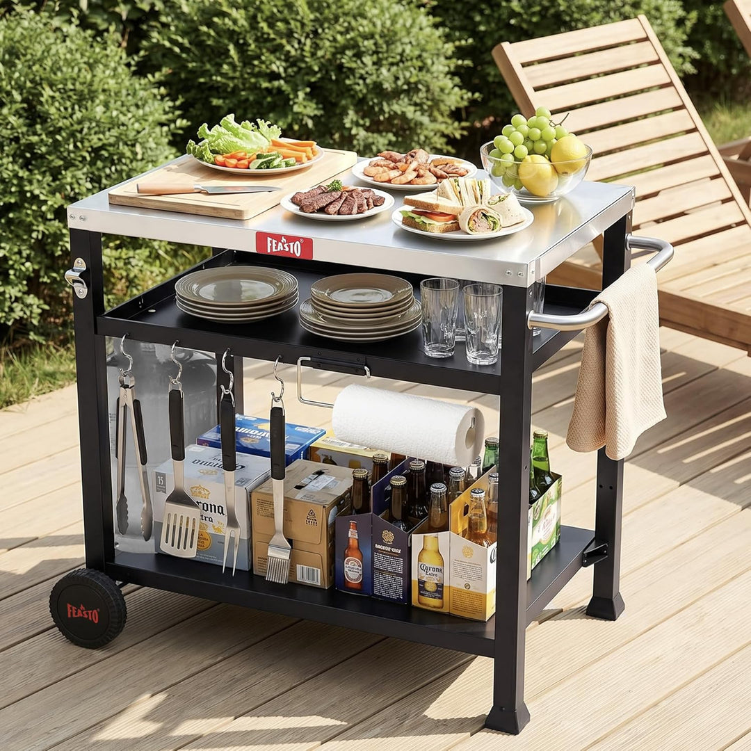Feasto Grillwagen Outdoor 3 Etagen, Multifunktionaler Grilltisch mit Edelstahlplatt, Griff, Rollen,