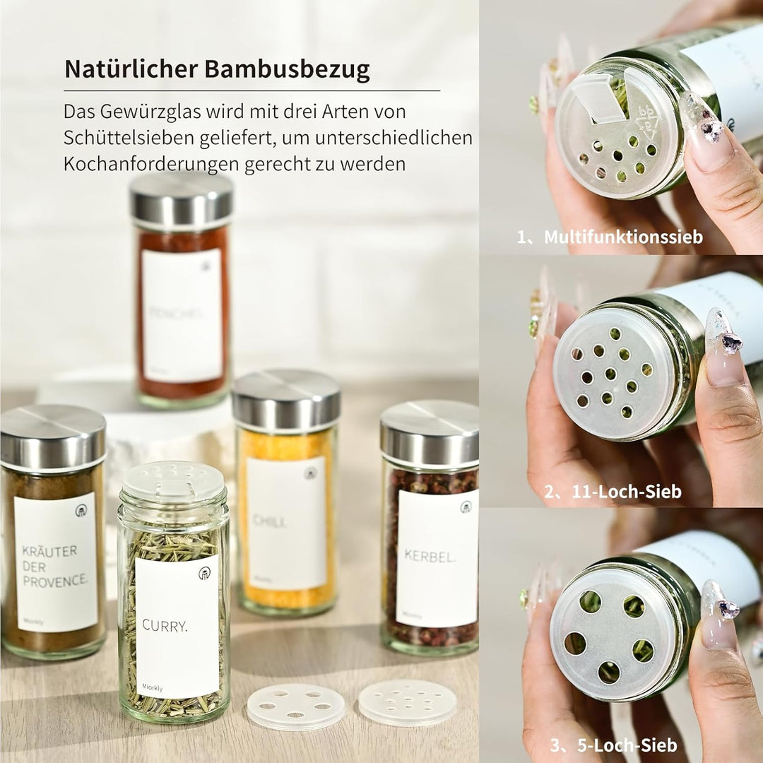 Miorkly 24 Gewürzgläser mit Streueinsatz-Hochwertiger Edelstahldeckel Gewürzdosen-Runder Gewürzstreu