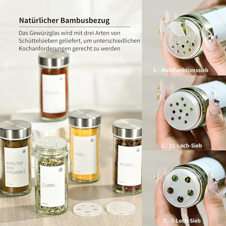 Miorkly 24 Gewürzgläser mit Streueinsatz-Hochwertiger Edelstahldeckel Gewürzdosen-Runder Gewürzstreu