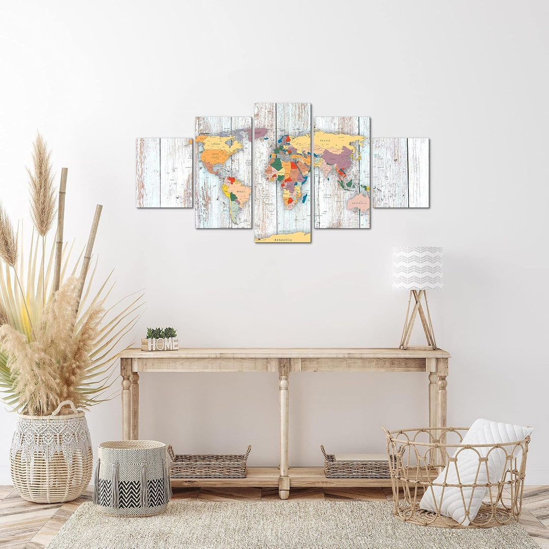 Runa Art Wandbilder Weltkarte Holz 5 Teilig Bild auf Vlies Leinwand Deko Büro Wohnzimmer Landkarte W