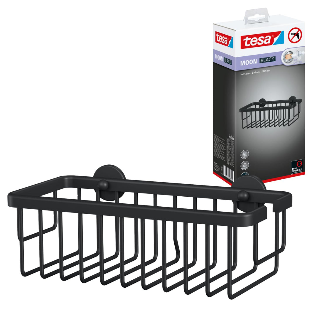 tesa Moon Black Duschablage zur Wandmontage ohne Bohren, schwarz matt - einstöckig und extra tief -