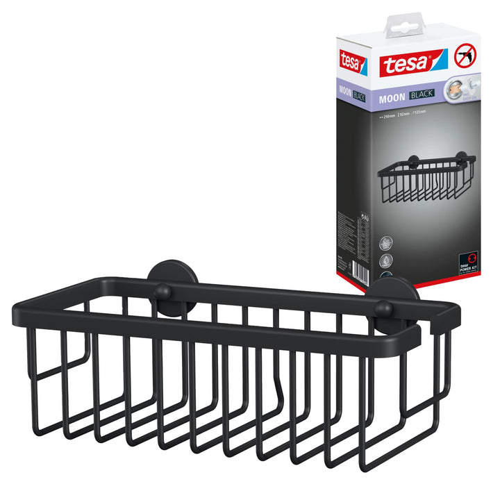 tesa Moon Black Duschablage zur Wandmontage ohne Bohren, schwarz matt - einstöckig und extra tief -